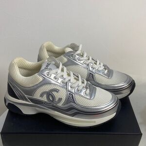 CHANEL Metallic Silver and Cream Sneakers